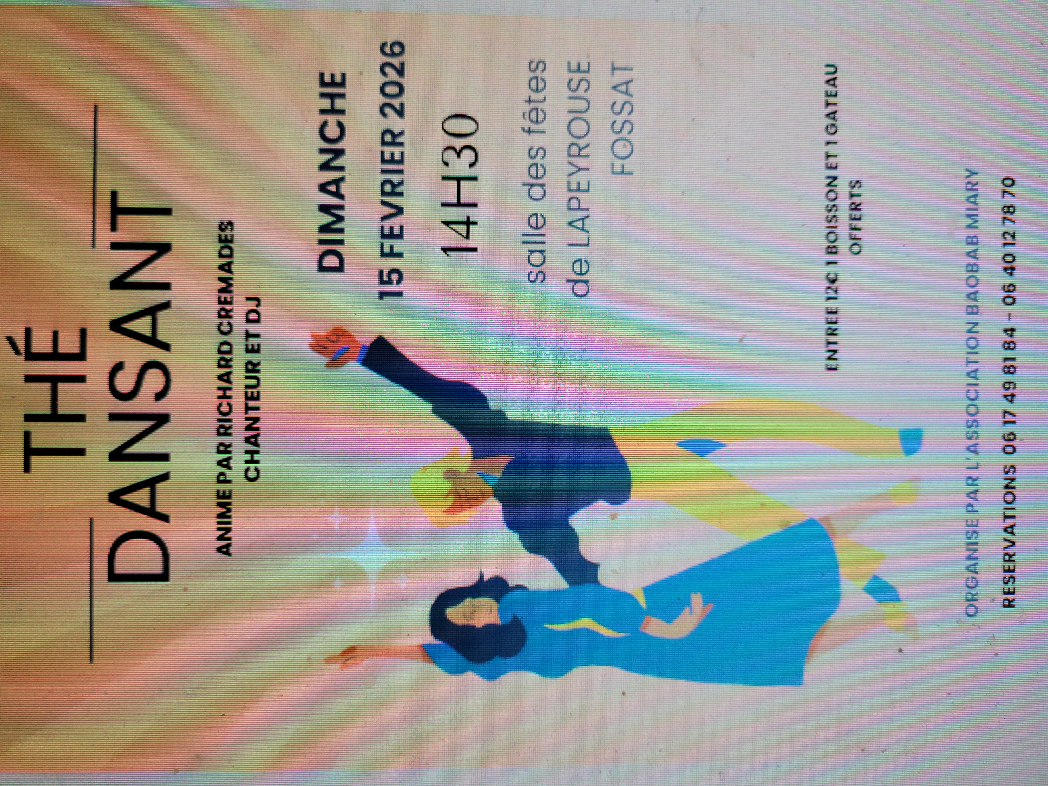 affiche orange et blanche avec deux personnages en position de danse. De nombreuses écritures reprenant les informations sur l'événement thé dansant
